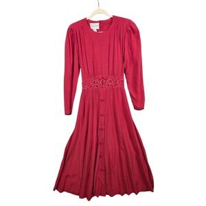 Vintage Karin Stevens Dress Womens Medium Red Rayon Embroidered Waist Midi 80s